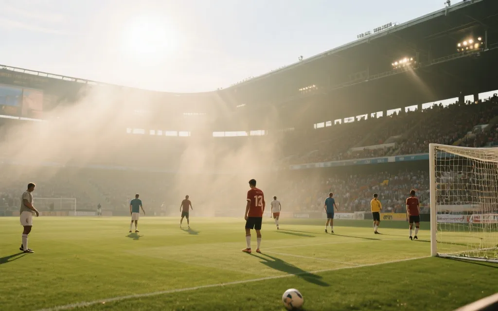 炎热夏季球场中进行世界杯比赛的氛围画面