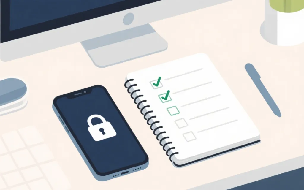 桌面上放着手机与笔记本，屏幕显示安全检查清单与锁形图标的简洁插画